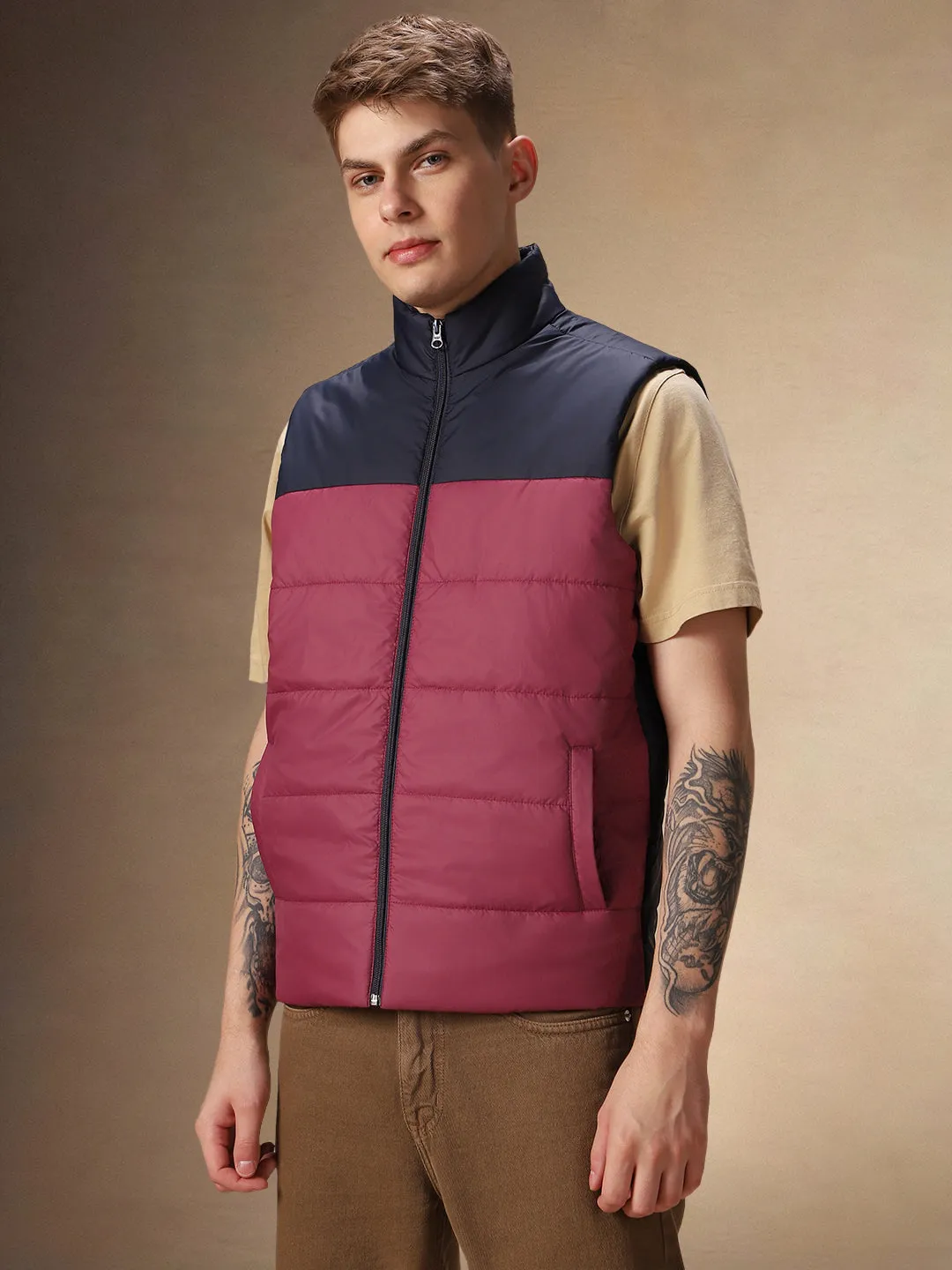 Men's Navy & Maroon Mock Neck Regular Fit Colorblocked Gilet Jacket