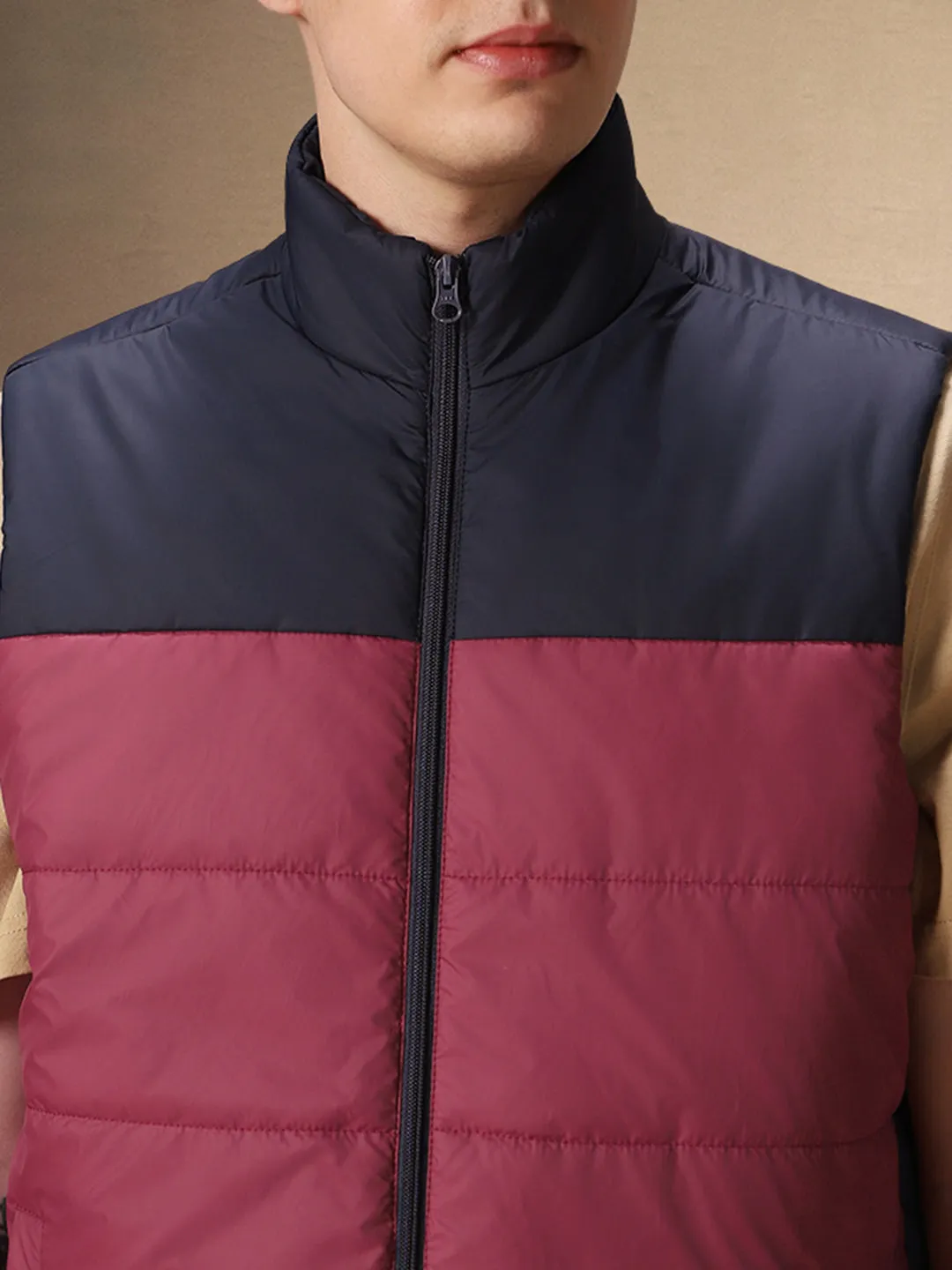 Men's Navy & Maroon Mock Neck Regular Fit Colorblocked Gilet Jacket