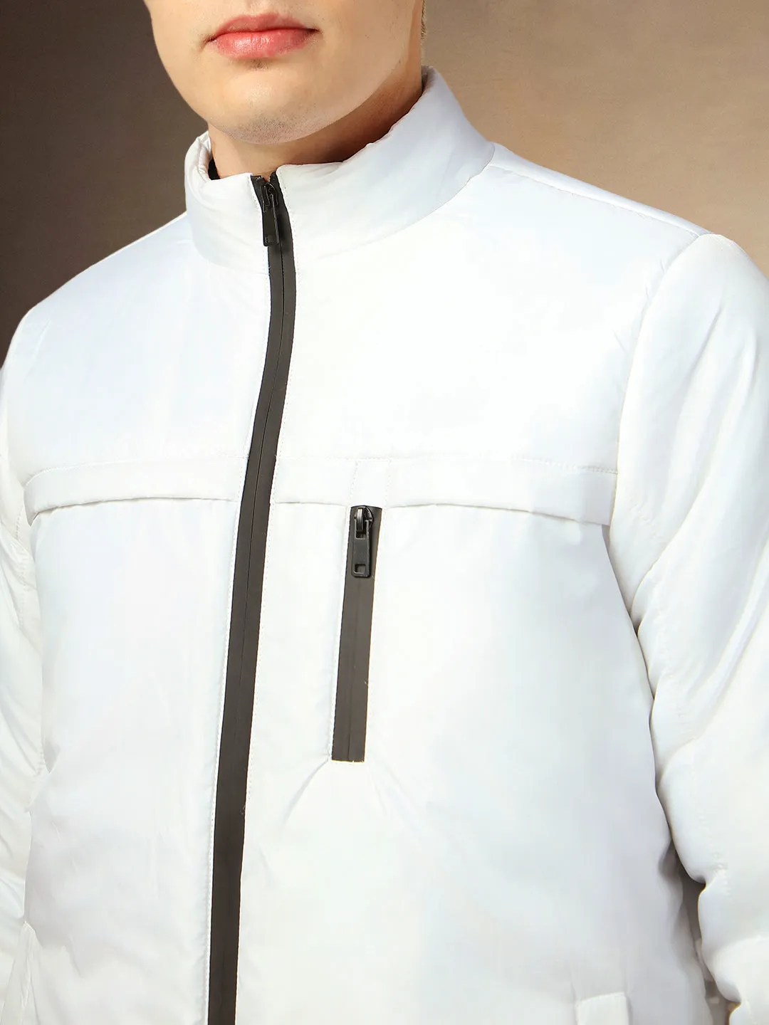 Men's White Solid Mock Collar Full Sleeves Jackets