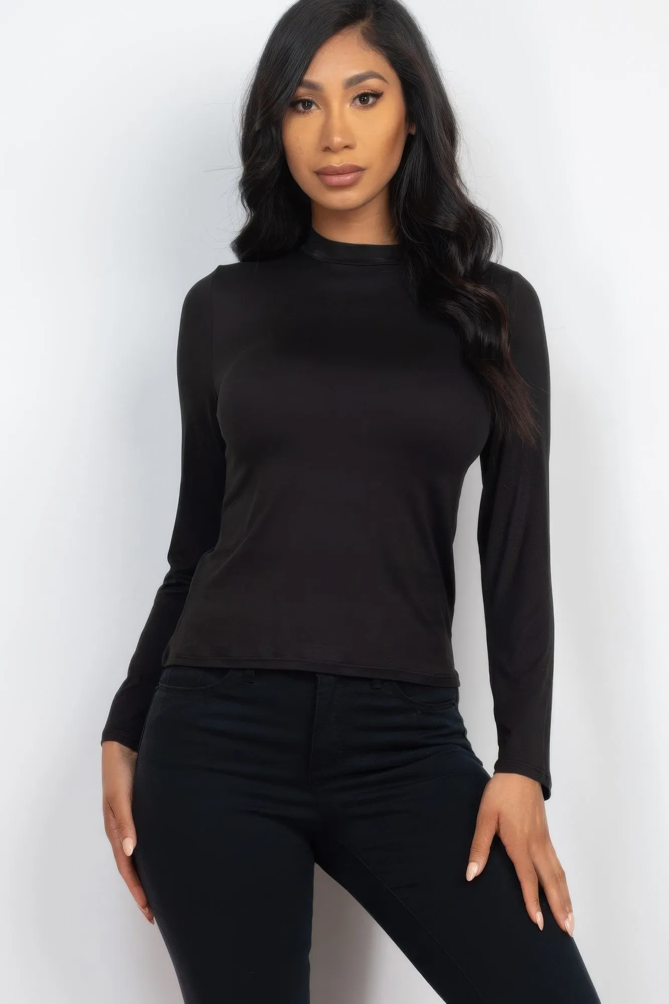 Mock Neck Solid Long Sleeve Top