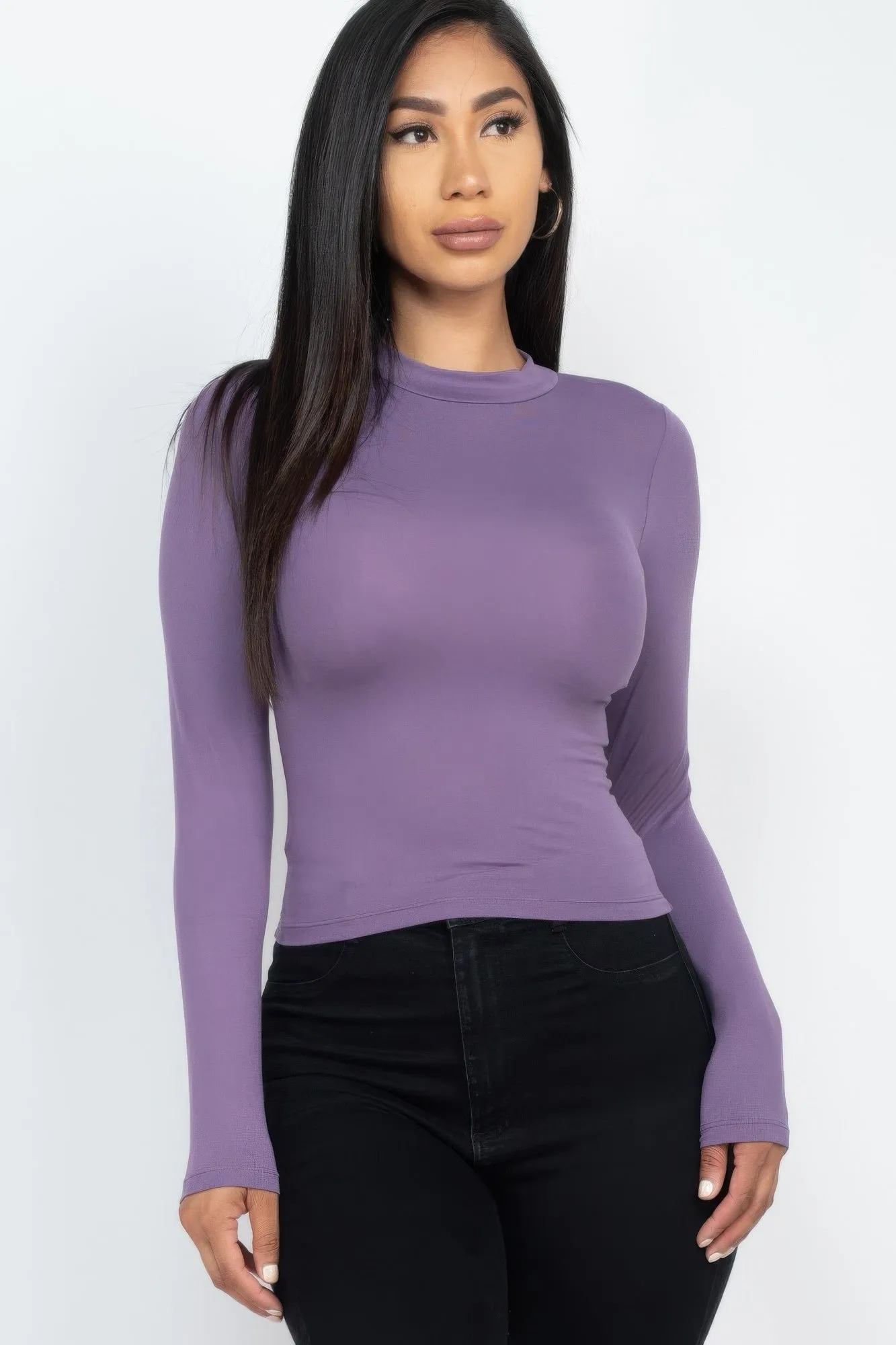 Mock Neck Solid Long Sleeve Top