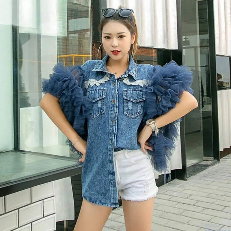 Patchwork Mesh Diamond Jacket For Women Lapel Sleeveless Casual Streetwear Denim Jackets Female Fashion Clothing Spring