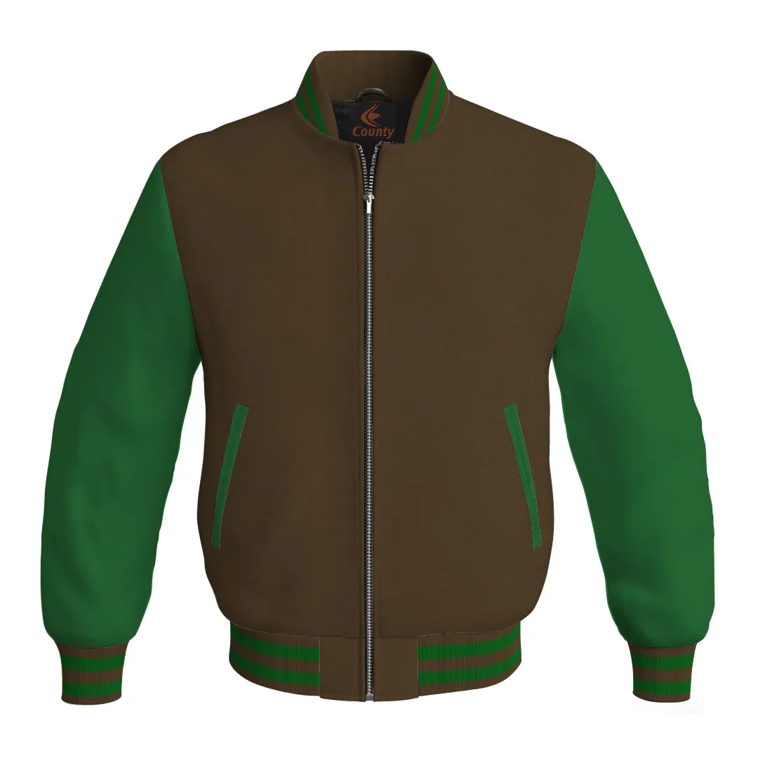 Personalized Varsity Jacket Brown Body and Green Leather Sleeves Bomber Jacket