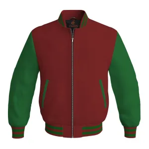 Personalized Varsity Jacket Maroon Body and Green Leather Sleeves Bomber Jacket