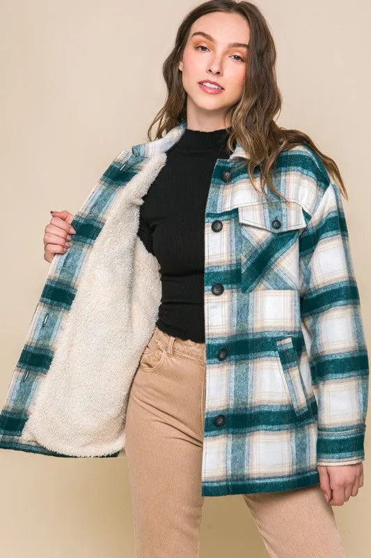 Plaid Button Up Jacket with Sherpa Lining