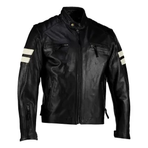 Roma Black Distressed Creme Stripes Cruiser Biker Leather Jacket