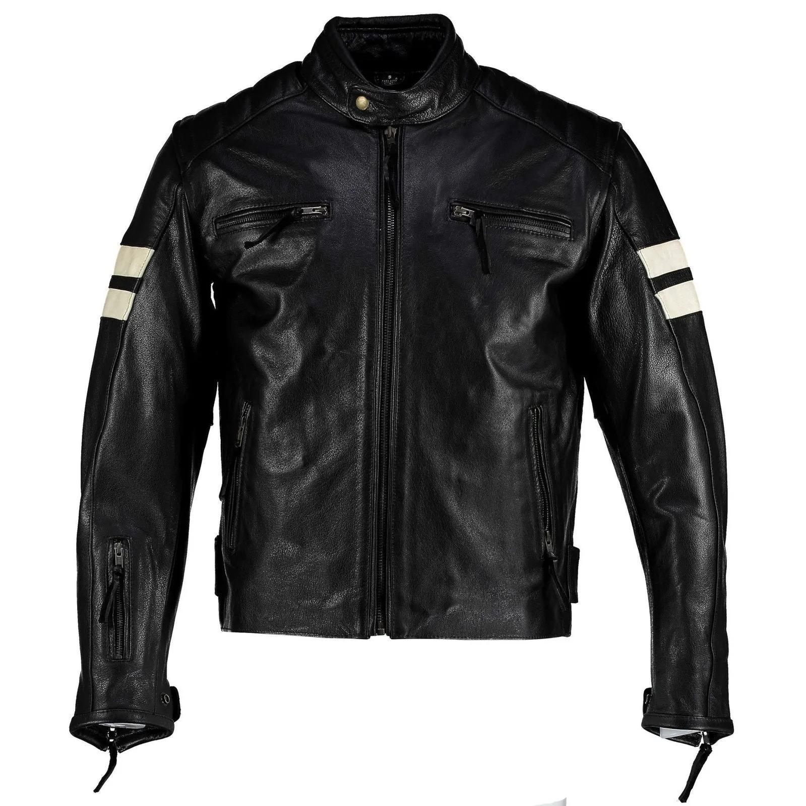 Roma Black Distressed Creme Stripes Cruiser Biker Leather Jacket