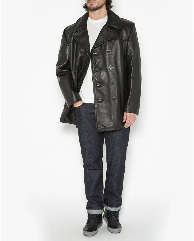 SCHOTT BLACK LEATHER PEACOAT