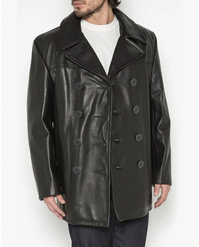 SCHOTT BLACK LEATHER PEACOAT