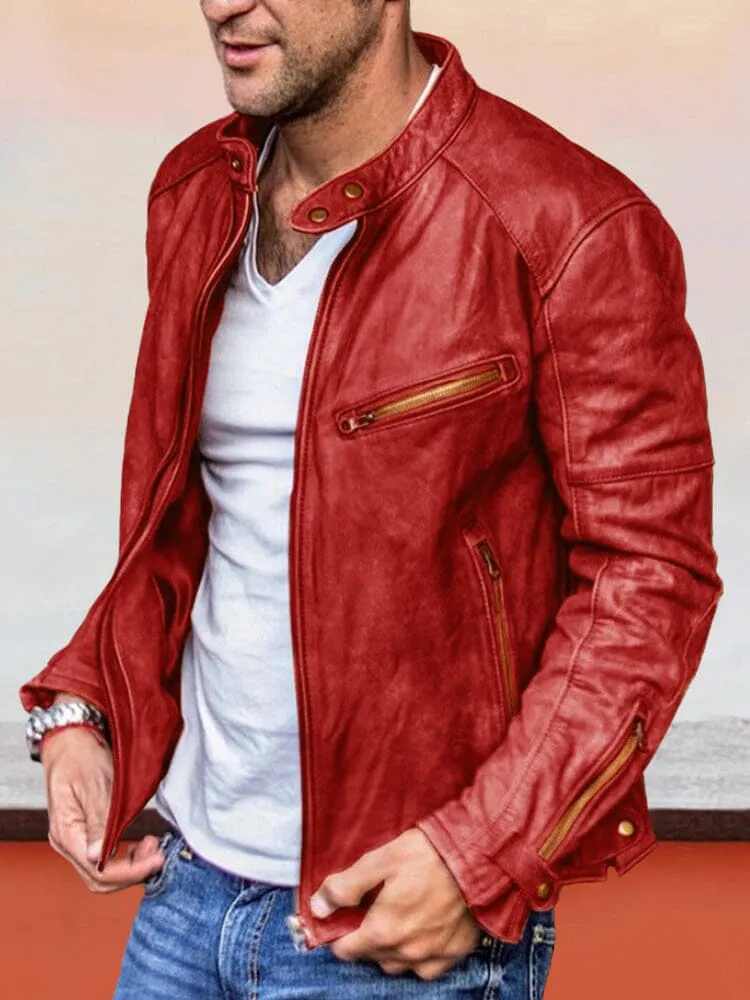 Solid Color Zipper PU Leather Jacket