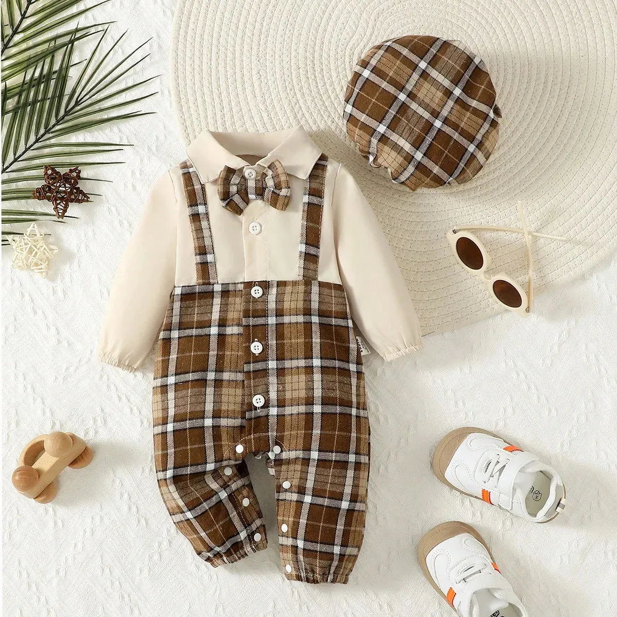 Two-Piece Baby Boy 1-24m Lapel Suspenders With Bow Gentleman Jumpsuit And Holmes Hat Spring And Autumn