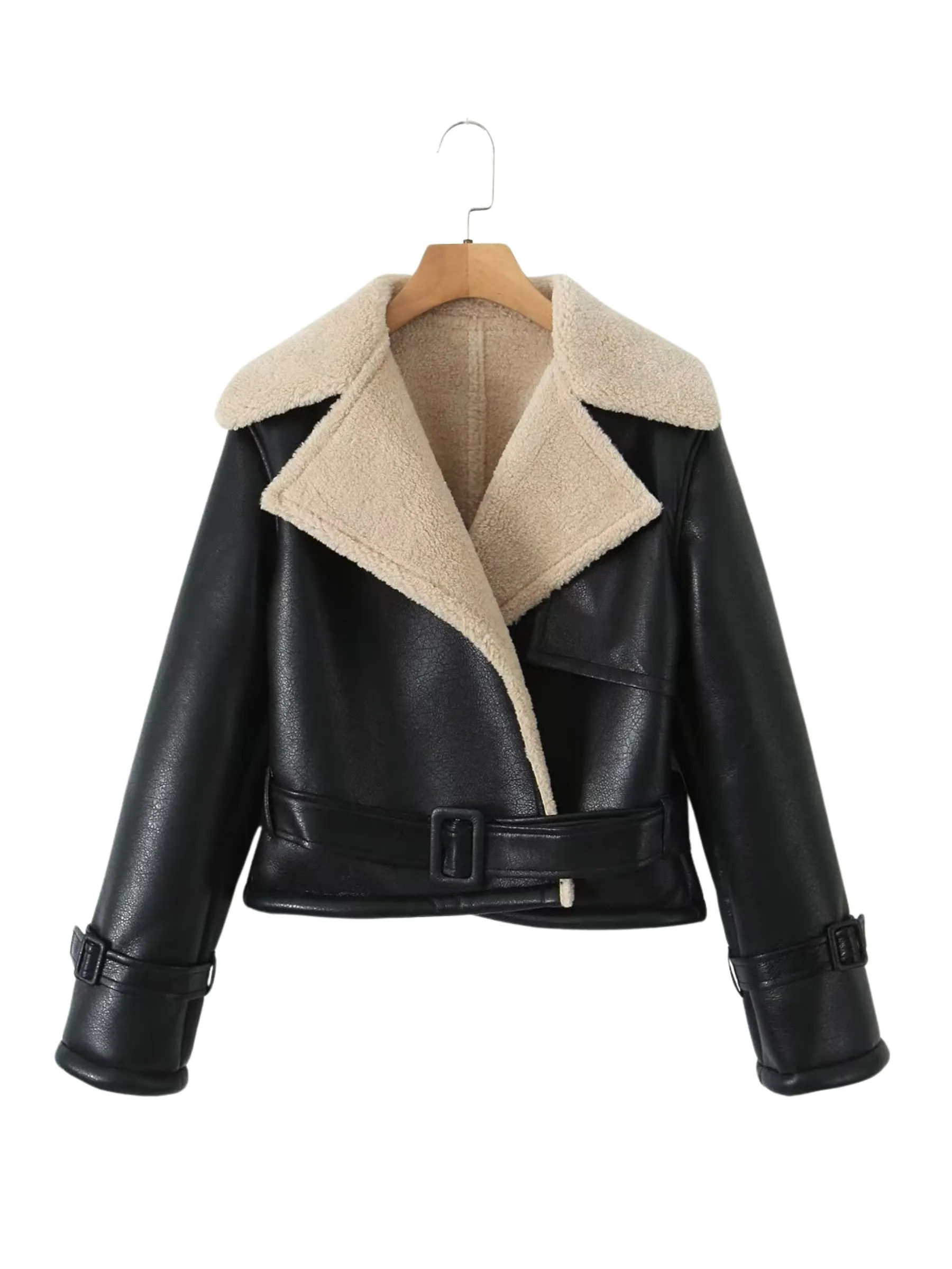 Wenkouban-Winter Outfits Christmas Leeana Shearling Faux Leather Aviator Jacket