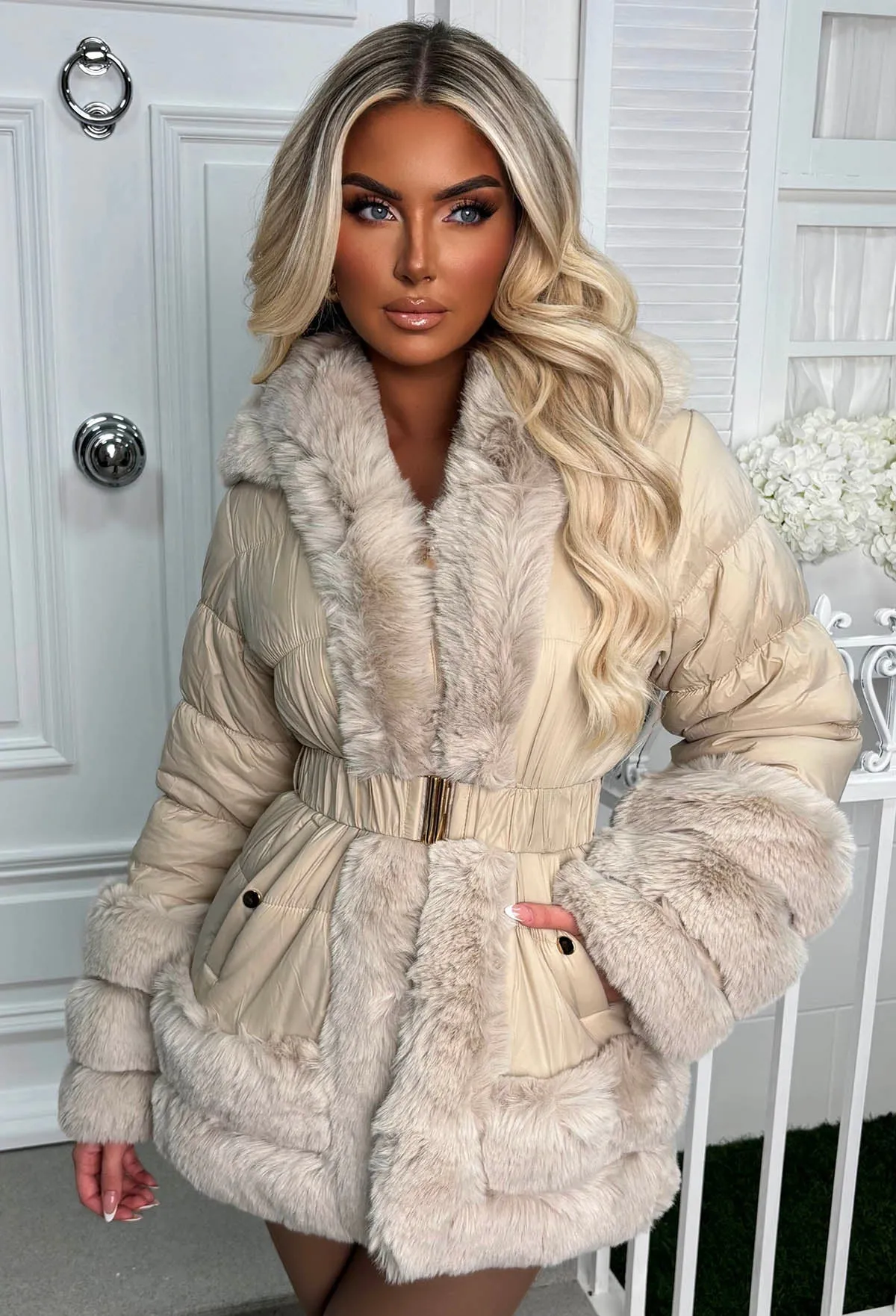 Wrapped In Magic Stone Faux Fur Trimmed Belted Puffer Coat