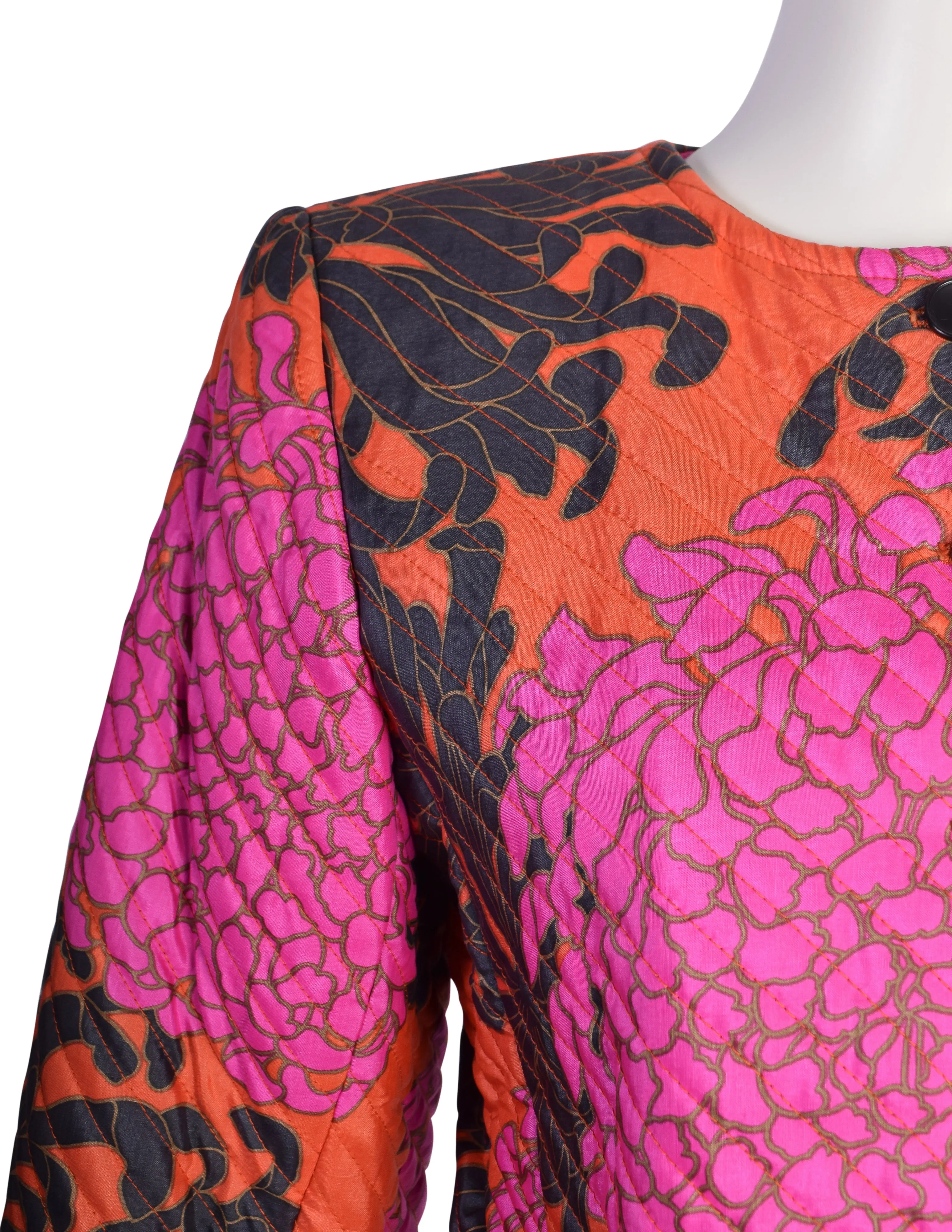 Yves Saint Laurent Vintage SS 1986 Red Pink Black Chrysanthemum Quilted Silk Jacket